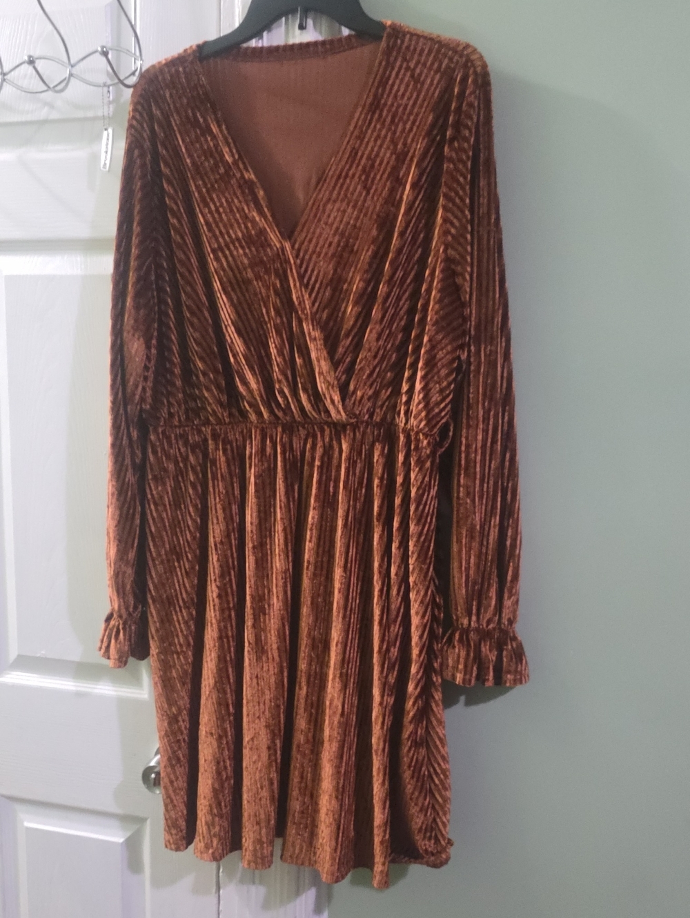 SHEIN Copper/Bronze Velvet Wrap Long Sleeve Dress